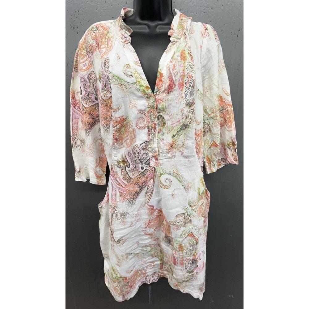 Backstage Linen Tunic XXL Ivory Cream Paisley Pockets‎ Boho Earthy Lagenlook Top